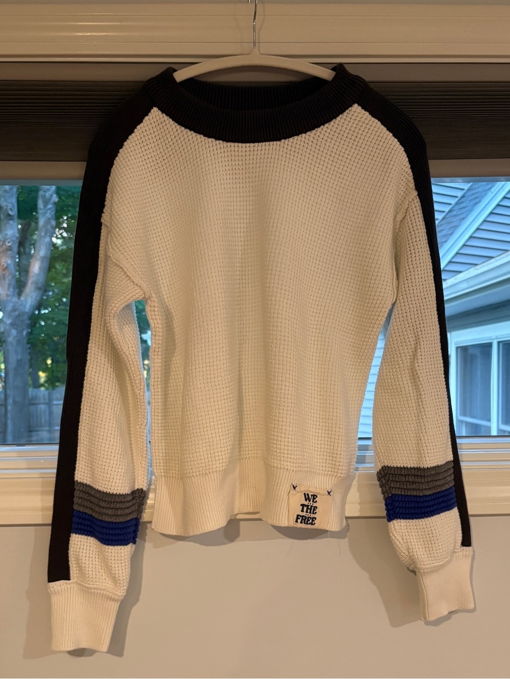 We The Free Cream Waffle Knit Sweater with Black and Blue Stripe Accents